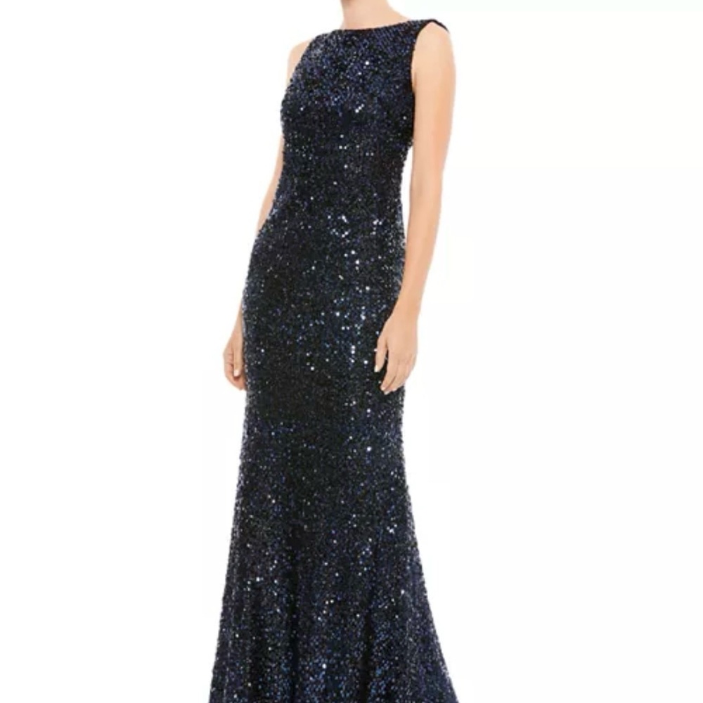 Mac Duggal Cowl Back Boat Neck Sequined Evening Gown
